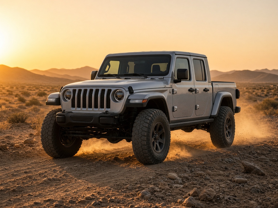 A silver Gladiator on a desert trail at sunset