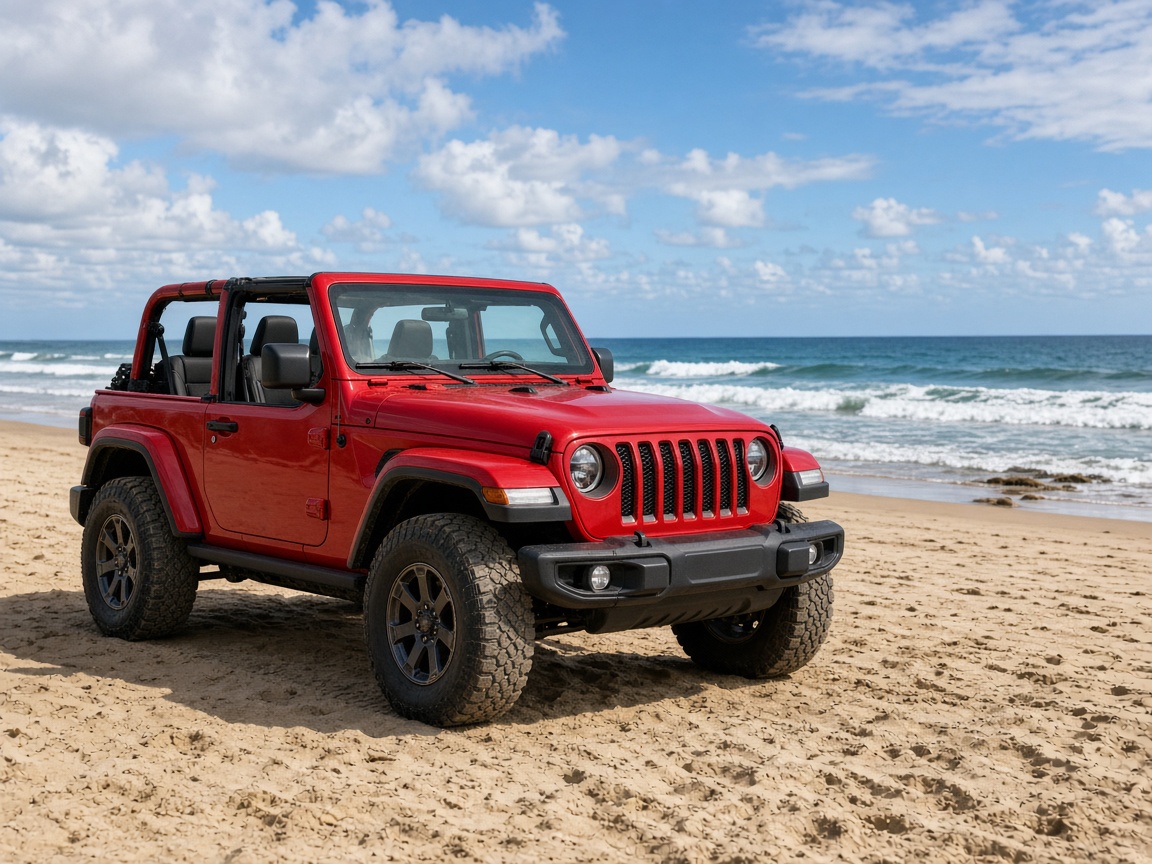 A red Wrangler with the top off, parked by the ocean